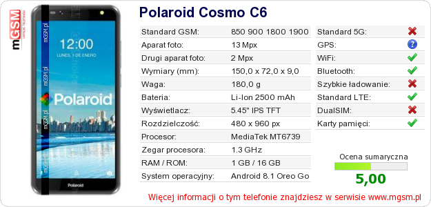 Dane telefonu Polaroid Cosmo C6
