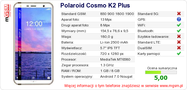 Dane telefonu Polaroid Cosmo K2 Plus