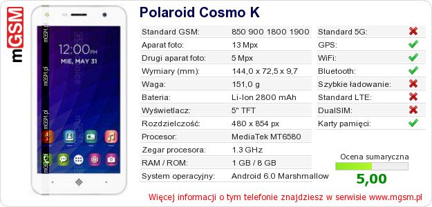 Dane telefonu Polaroid Cosmo K Dane telefonu Polaroid Cosmo K