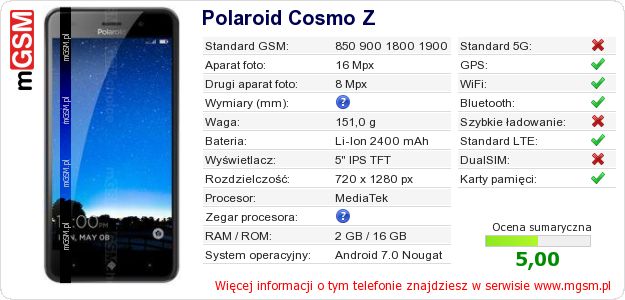 Dane telefonu Polaroid Cosmo Z Dane telefonu Polaroid Cosmo Z