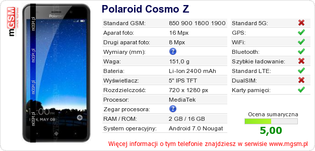 Dane telefonu Polaroid Cosmo Z