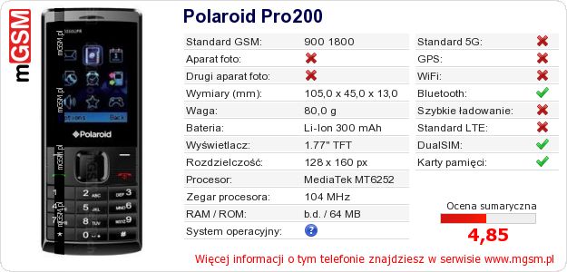 Dane telefonu Polaroid Pro200