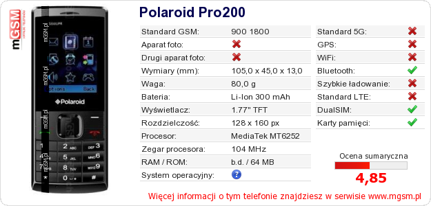 Dane telefonu Polaroid Pro200