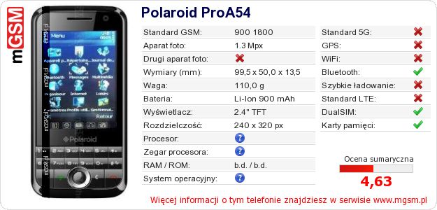Dane telefonu Polaroid ProA54