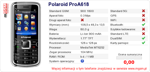 Dane telefonu Polaroid ProA618
