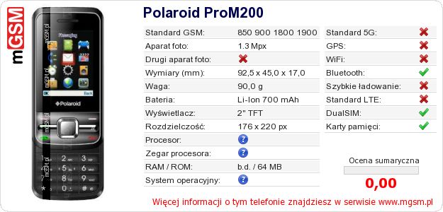 Dane telefonu Polaroid ProM200