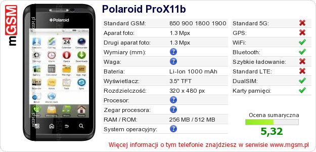 Dane telefonu Polaroid ProX11b Dane telefonu Polaroid ProX11b