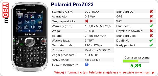 Dane telefonu Polaroid ProZ023