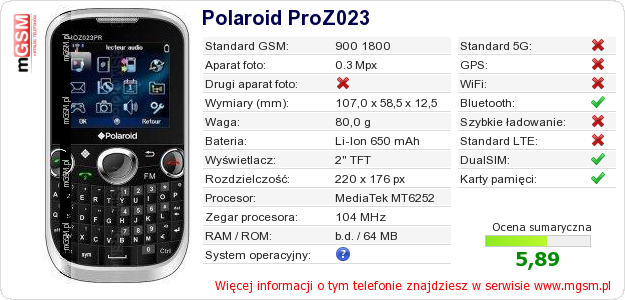 Dane telefonu Polaroid ProZ023