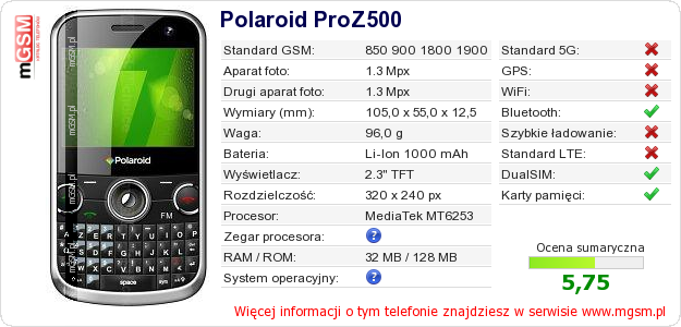 Dane telefonu Polaroid ProZ500