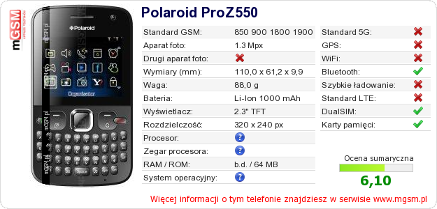Dane telefonu Polaroid ProZ550 Dane telefonu Polaroid ProZ550