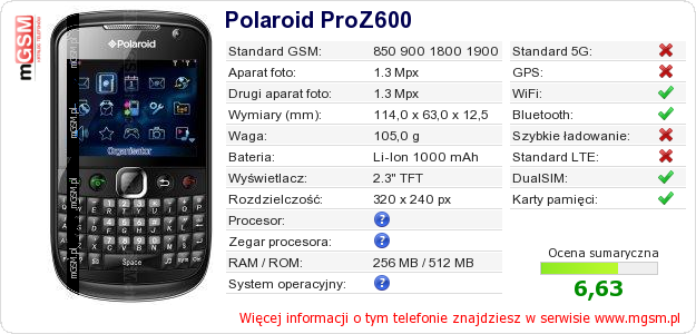 Dane telefonu Polaroid ProZ600