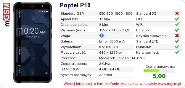 Dane telefonu Poptel P10 Dane telefonu Poptel P10