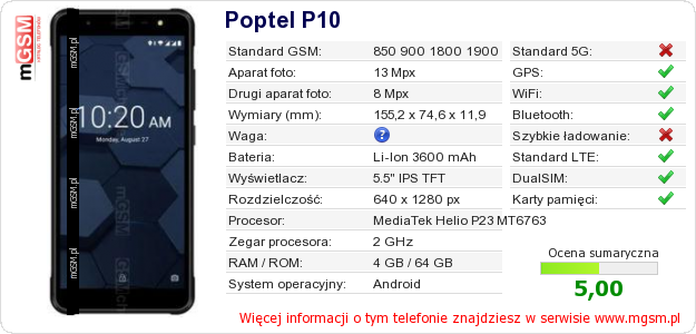 Dane telefonu Poptel P10