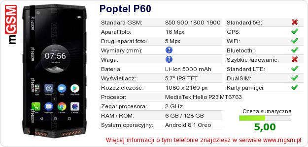 Dane telefonu Poptel P60