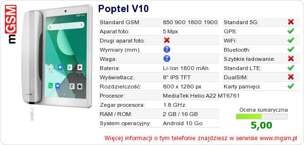 Dane telefonu Poptel V10 Dane telefonu Poptel V10