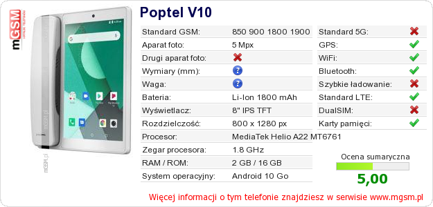 Dane telefonu Poptel V10