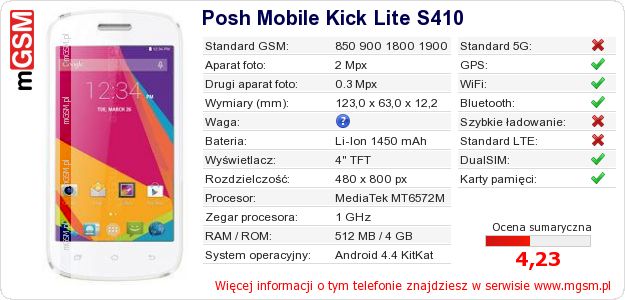Dane telefonu Posh Mobile Kick Lite S410 Dane telefonu Posh Mobile Kick Lite S410