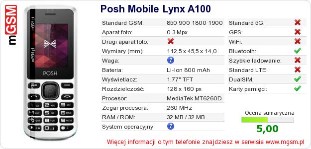Dane telefonu Posh Mobile Lynx A100 Dane telefonu Posh Mobile Lynx A100