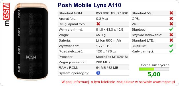 Dane telefonu Posh Mobile Lynx A110 Dane telefonu Posh Mobile Lynx A110