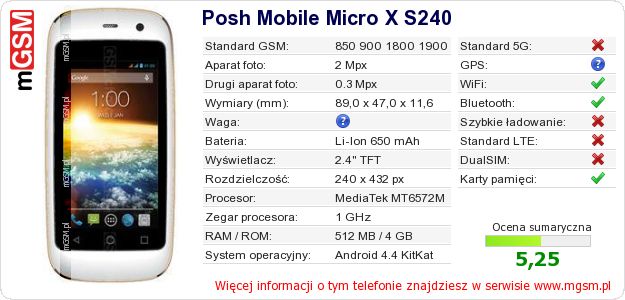 Dane telefonu Posh Mobile Micro X S240