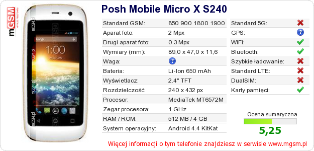 Dane telefonu Posh Mobile Micro X S240