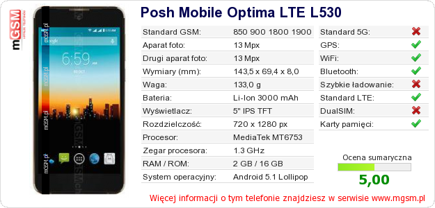 Dane telefonu Posh Mobile Optima LTE L530 Dane telefonu Posh Mobile Optima LTE L530