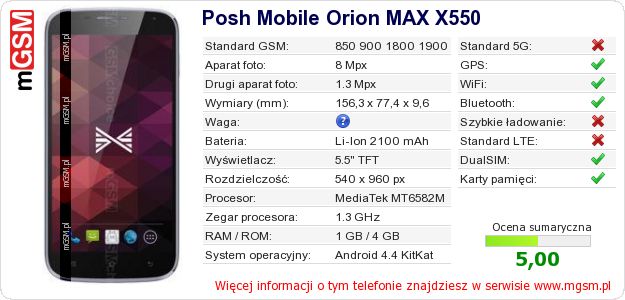 Dane telefonu Posh Mobile Orion MAX X550