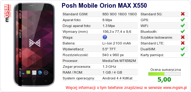 Dane telefonu Posh Mobile Orion MAX X550