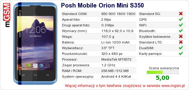 Dane telefonu Posh Mobile Orion Mini S350