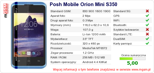 Dane telefonu Posh Mobile Orion Mini S350