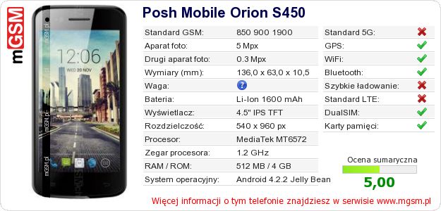 Dane telefonu Posh Mobile Orion S450