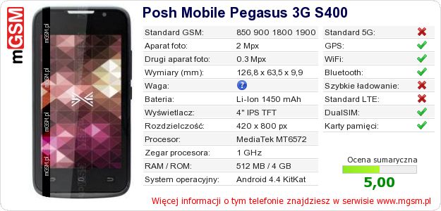 Dane telefonu Posh Mobile Pegasus 3G S400