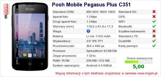 Dane telefonu Posh Mobile Pegasus Plus C351 Dane telefonu Posh Mobile Pegasus Plus C351