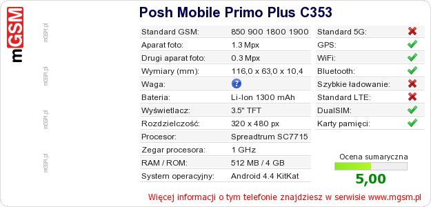 Dane telefonu Posh Mobile Primo Plus C353 Dane telefonu Posh Mobile Primo Plus C353