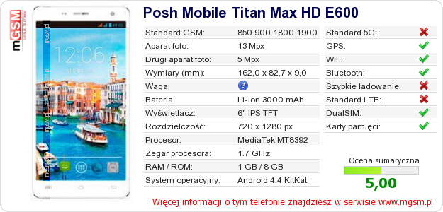 Dane telefonu Posh Mobile Titan Max HD E600