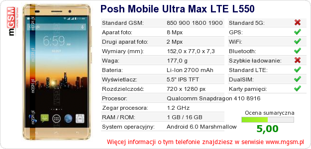 Dane telefonu Posh Mobile Ultra Max LTE L550