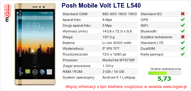 Dane telefonu Posh Mobile Volt LTE L540
