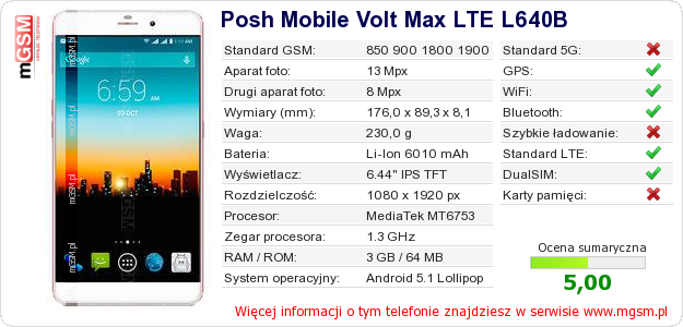 Dane telefonu Posh Mobile Volt Max LTE L640B