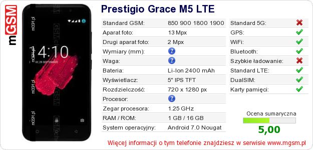 Dane telefonu Prestigio Grace M5 LTE Dane telefonu Prestigio Grace M5 LTE