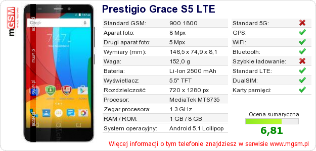 Dane telefonu Prestigio Grace S5 LTE