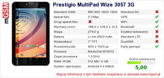 Dane telefonu Prestigio MultiPad Wize 3057 3G Dane telefonu Prestigio MultiPad Wize 3057 3G