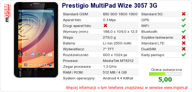 Dane telefonu Prestigio MultiPad Wize 3057 3G