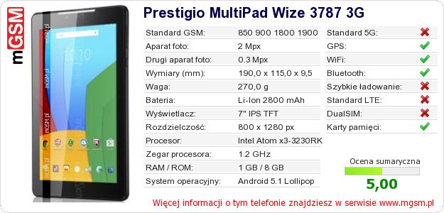 Dane telefonu Prestigio MultiPad Wize 3787 3G