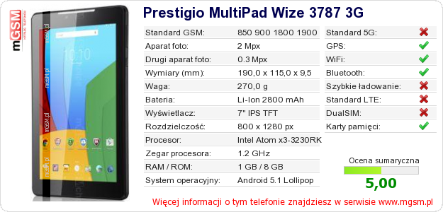 Dane telefonu Prestigio MultiPad Wize 3787 3G