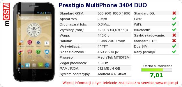 Dane telefonu Prestigio MultiPhone 3404 DUO