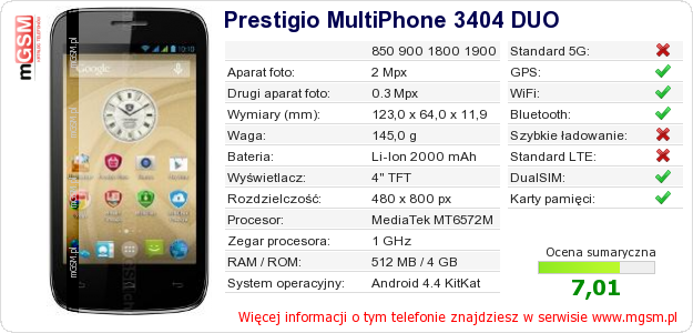 Dane telefonu Prestigio MultiPhone 3404 DUO