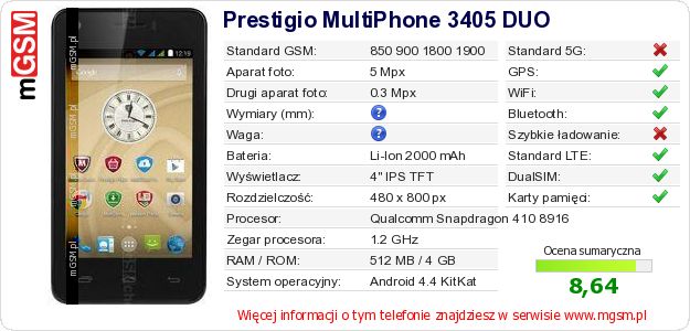 Dane telefonu Prestigio MultiPhone 3405 DUO Dane telefonu Prestigio MultiPhone 3405 DUO