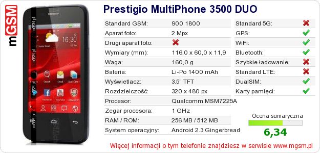 Dane telefonu Prestigio MultiPhone 3500 DUO Dane telefonu Prestigio MultiPhone 3500 DUO