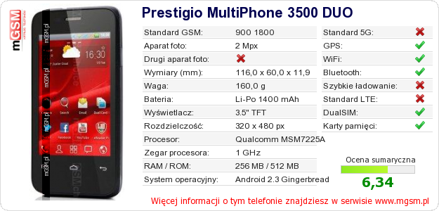 Dane telefonu Prestigio MultiPhone 3500 DUO